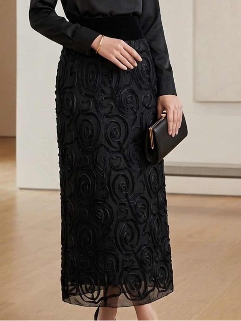 Black Maxi Skirt with Textured Rosette Overlay 12P formal wedding classy 1450